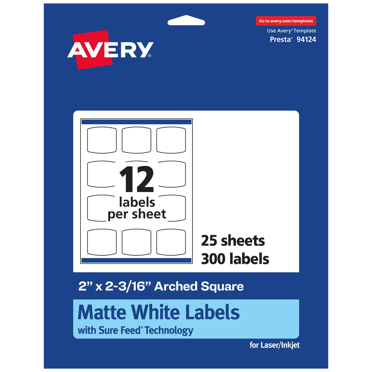 Avery Matte White Arched Square Labels with Sure Feed, 2" x 2-3/16"